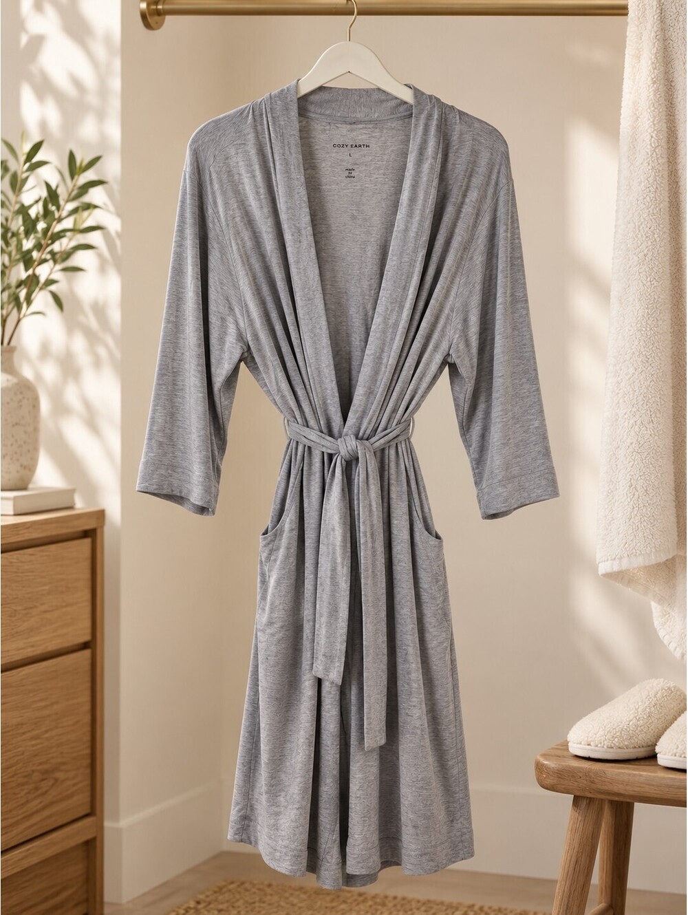 Cozy Earth Bamboo Stretch Knit Kimono Robe Loungewear Grey Size Large L NWT